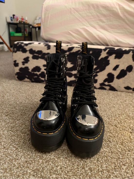 Dr. Martens Shoes - Dr. Martens Black Patent Leather Platform Boots with Silver Toe Caps. Jaddon max